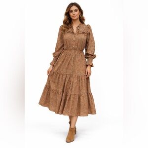 Lucy Paris Chiffon Ruffled Brown Floral Dress Peasant Boho Cottage Size S NWT